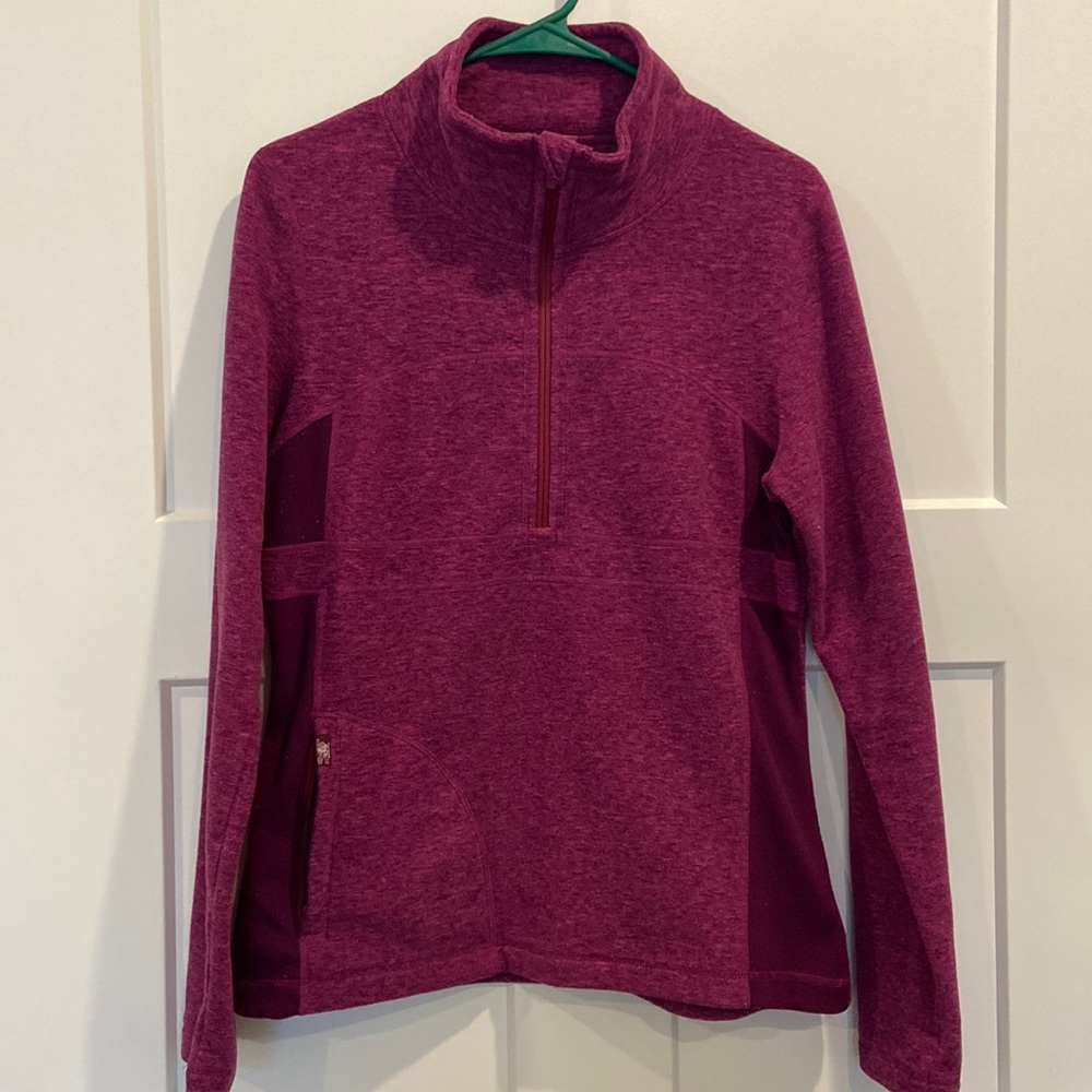 (M) Prana : purple 1/4 zip long sleeve fleece pullover jacket w/zip pocket 010